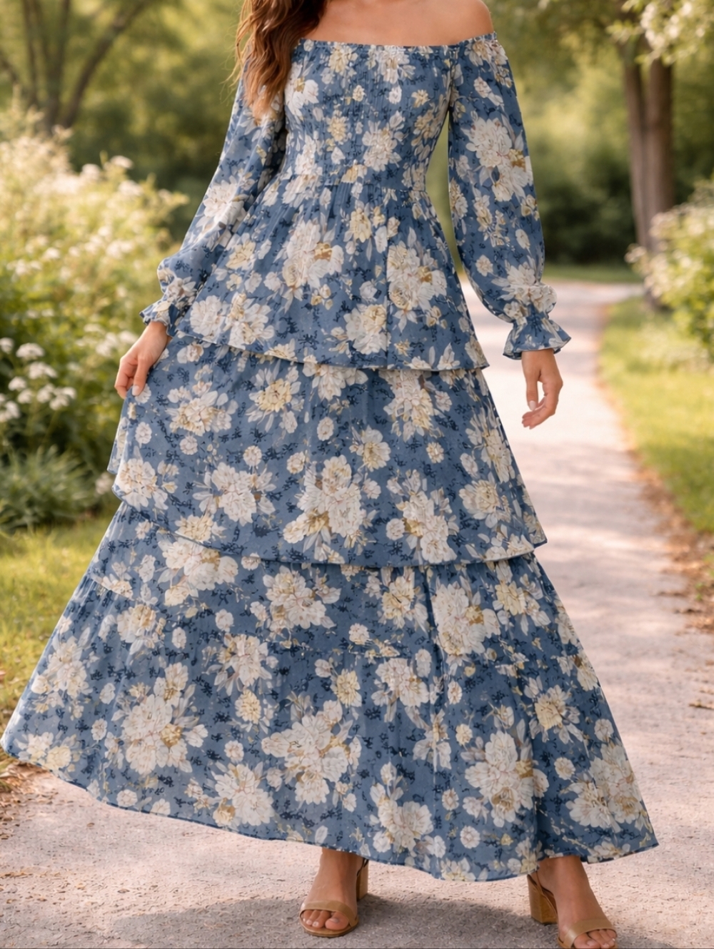 Blue Floral Bohemian Tiered Cream Long Sleeve Dress Small